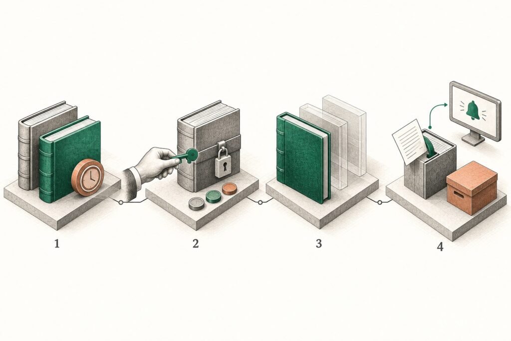 Cuatro plataformas numeradas del 1 al 4: libros con sello de tiempo, un libro con candado abierto por una sola llave, un libro oficial verde frente a copias translúcidas, y una transmisión que se inscribe, se avisa y se archiva.