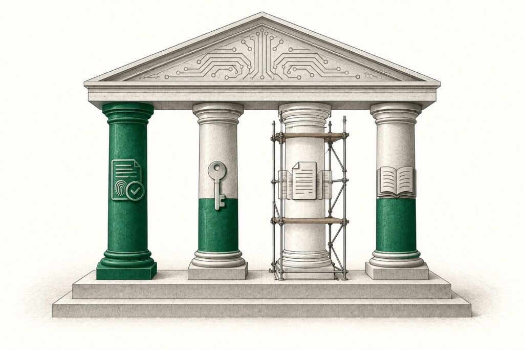 Pórtico de cuatro columnas: integridad completa en verde, control y registro de titularidad a medio llenar, y singularidad sin relleno, rodeada de un andamio.