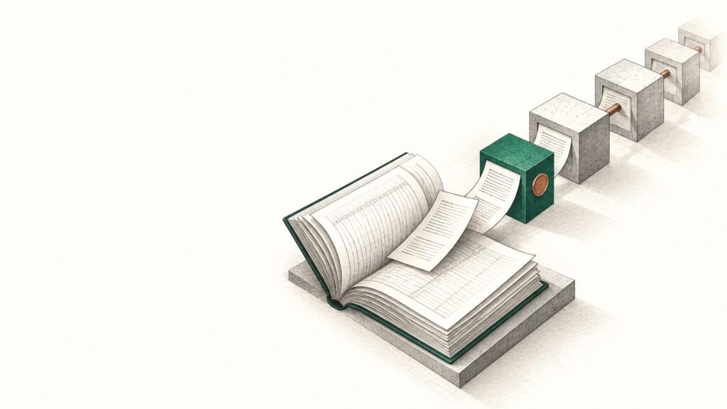 Libro de registro de acciones cuyas páginas se transforman en bloques de una cadena.