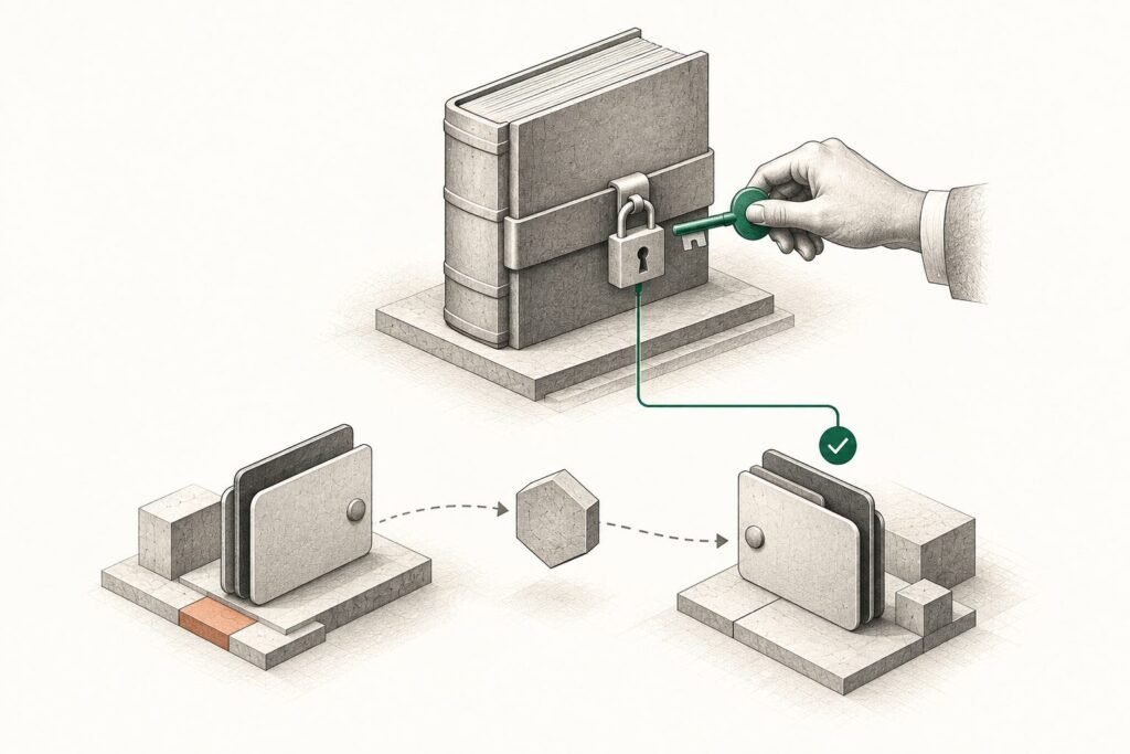 Dos carteras digitales intercambian un token mientras un libro maestro de registro, cerrado con candado y con una sola llave, confirma en verde al nuevo titular.